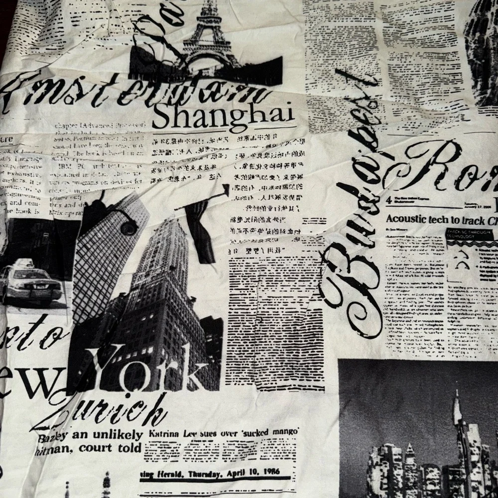 NWOT Paris Budapest New York B&W Newspaper Shower Curtain 70x72